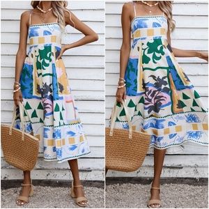 NWT Boho Tropical Geo Print Smocked Cami Sun Dress